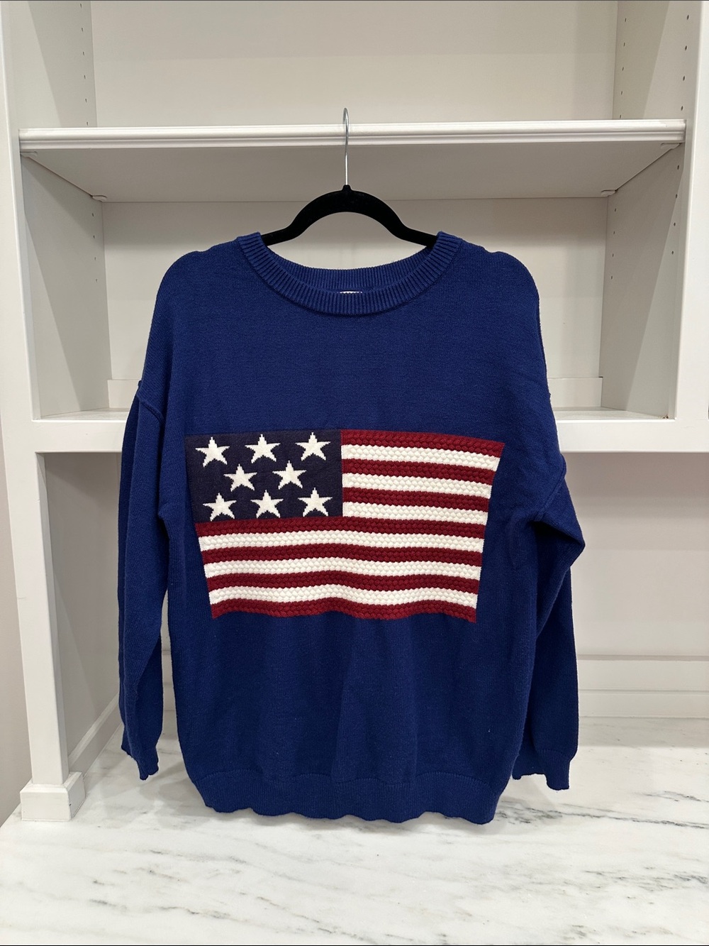 Pink Lily small Blue Crewneck Sweater with American Flag Knit. Like new